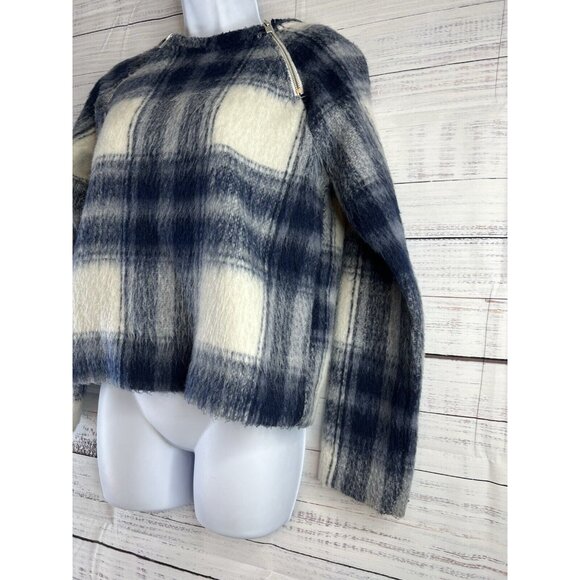 Abercrombie Fitch Soft AF XS Fuzzy Blue Plaid Sweater Zipper Shoulders Preppy - Picture 4 of 11